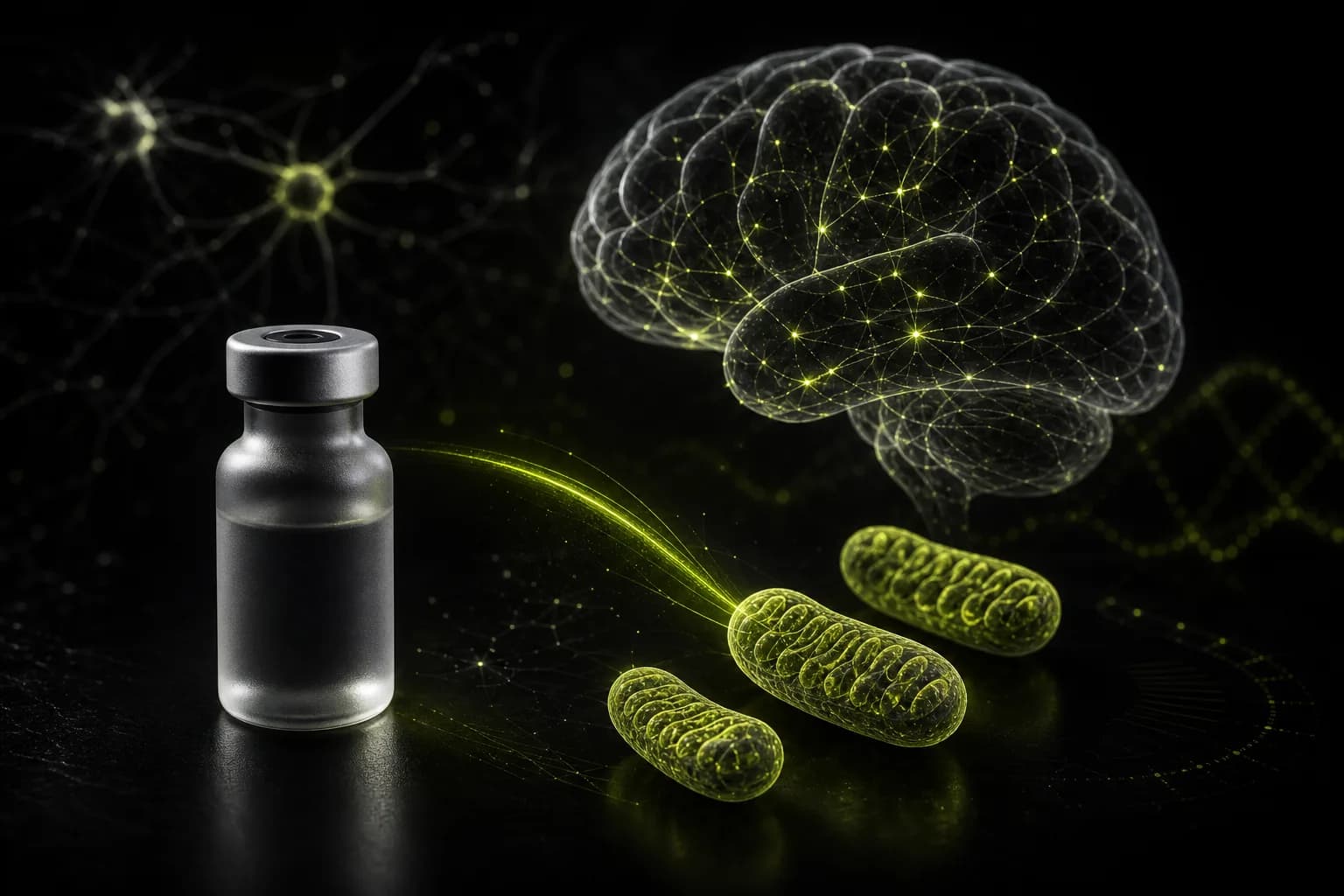 Peptide vial with neural network and mitochondria-inspired forms