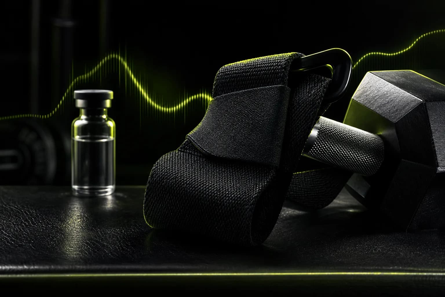 Lifting strap, dumbbell, and unlabelled peptide vial in a dark performance studio