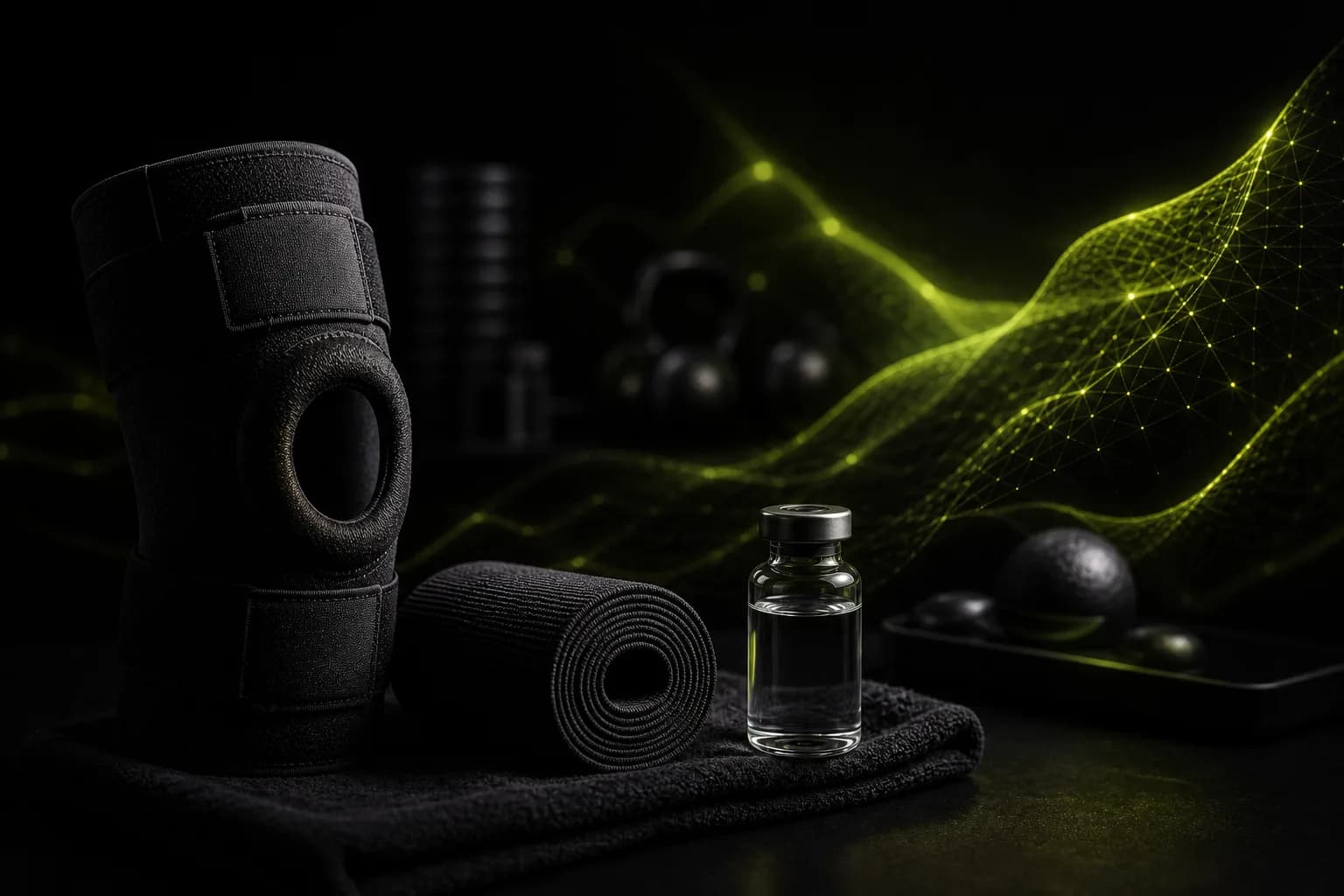 Athletic knee support, recovery wrap, and collagen-inspired visualization