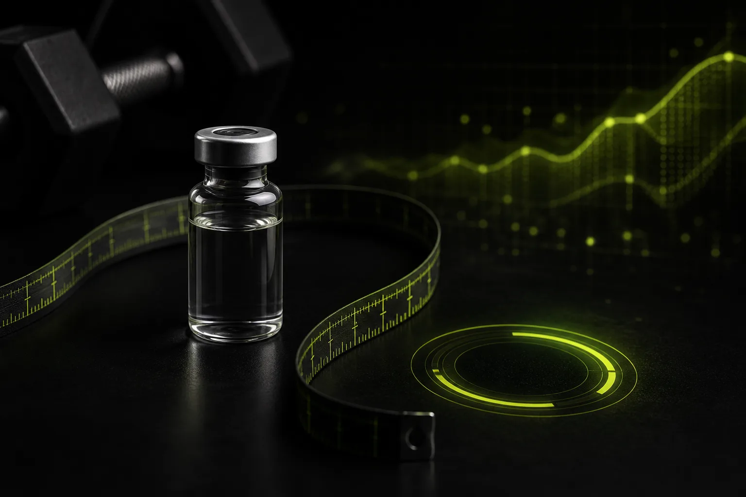 Unlabelled peptide vial, measuring tape, and metabolic data visualization